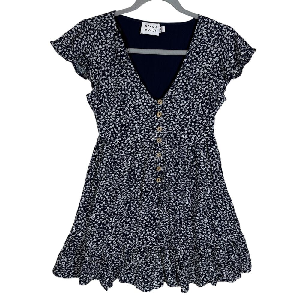 Hello Molly Babydoll Dress Women's 2 White Floral V-Neck Button-Front Cap Sleeve